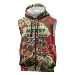 Aboriginal Christmas Sleeveless Zip Hoodie Santa Riding Leaping Kangaroo Dot Pattern