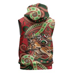Aboriginal Christmas Sleeveless Zip Hoodie Santa Riding Leaping Kangaroo Dot Pattern