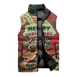 Aboriginal Christmas Sleeveless Puffer Jacket Santa Riding Leaping Kangaroo Dot Pattern