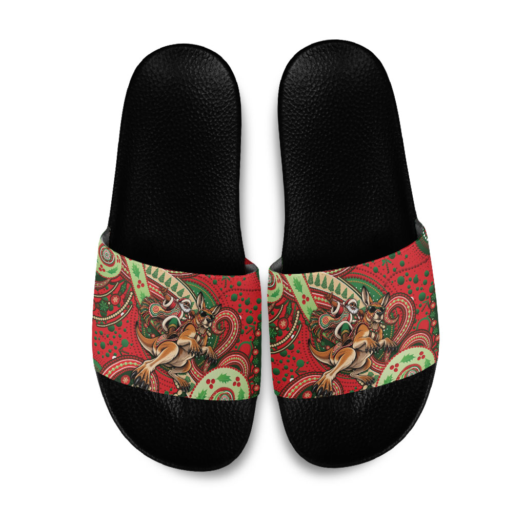 Aboriginal Christmas Slide Sandals Santa Riding Leaping Kangaroo Dot Pattern