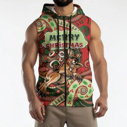 Aboriginal Christmas Sleeveless Zip Hoodie Santa Riding Leaping Kangaroo Dot Pattern