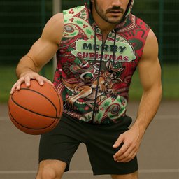 Aboriginal Christmas Sleeveless Zip Hoodie Santa Riding Leaping Kangaroo Dot Pattern