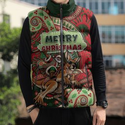 Aboriginal Christmas Sleeveless Puffer Jacket Santa Riding Leaping Kangaroo Dot Pattern