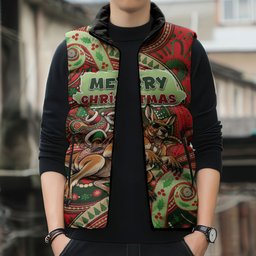 Aboriginal Christmas Sleeveless Puffer Jacket Santa Riding Leaping Kangaroo Dot Pattern