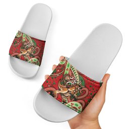 Aboriginal Christmas Slide Sandals Santa Riding Leaping Kangaroo Dot Pattern