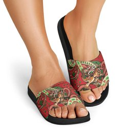 Aboriginal Christmas Slide Sandals Santa Riding Leaping Kangaroo Dot Pattern