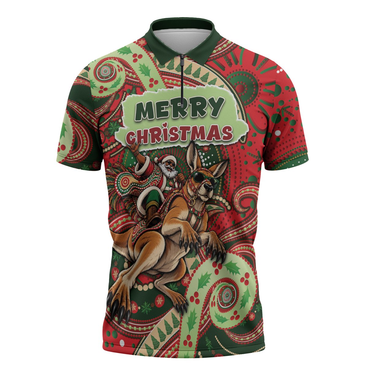 Aboriginal Christmas Zipper Polo Shirt Santa Riding Leaping Kangaroo Dot Pattern