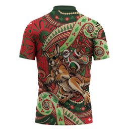 Aboriginal Christmas Zipper Polo Shirt Santa Riding Leaping Kangaroo Dot Pattern