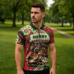 Aboriginal Christmas Zipper Polo Shirt Santa Riding Leaping Kangaroo Dot Pattern