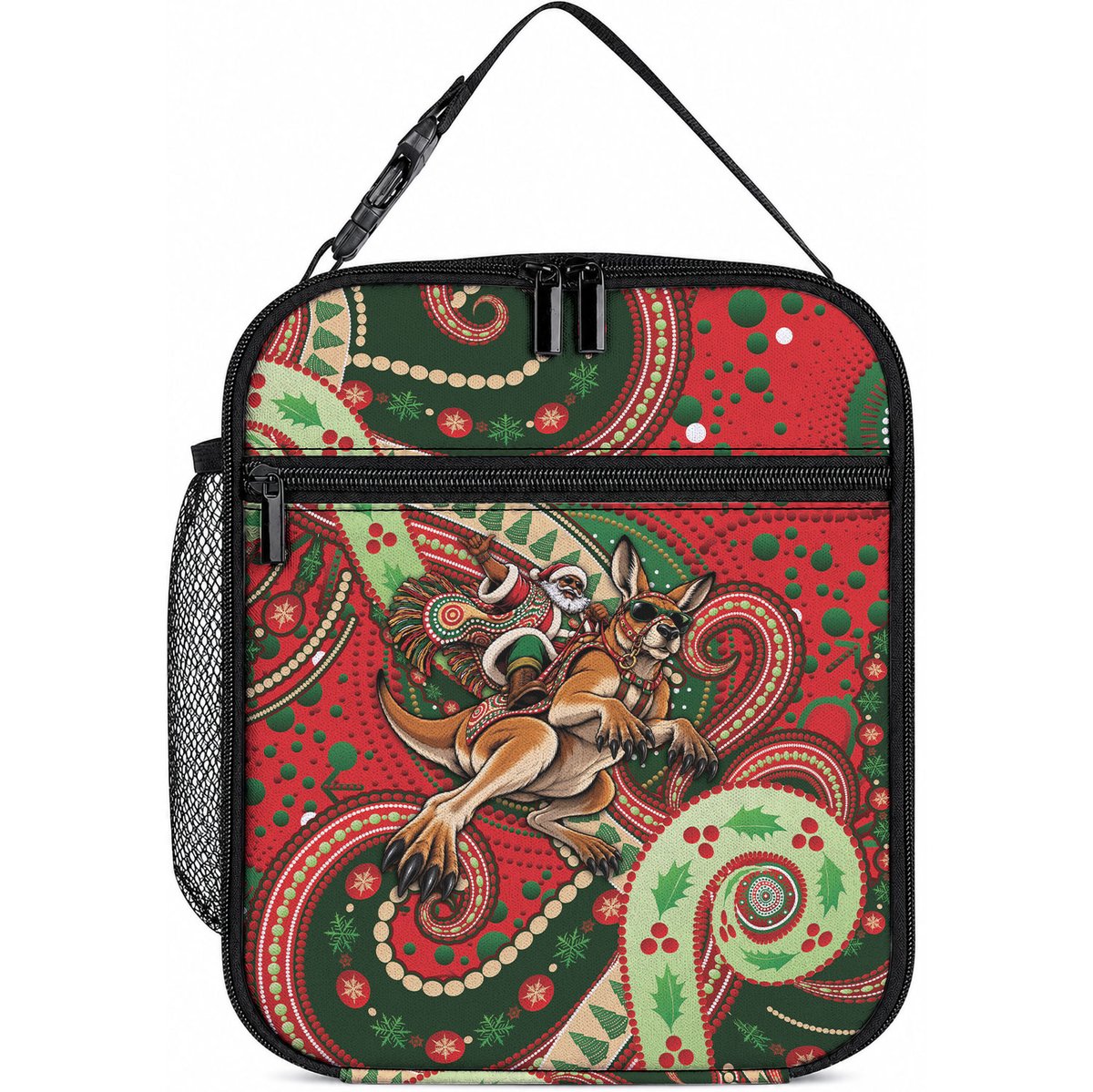 Aboriginal Christmas Lunch Bag Santa Riding Leaping Kangaroo Dot Pattern