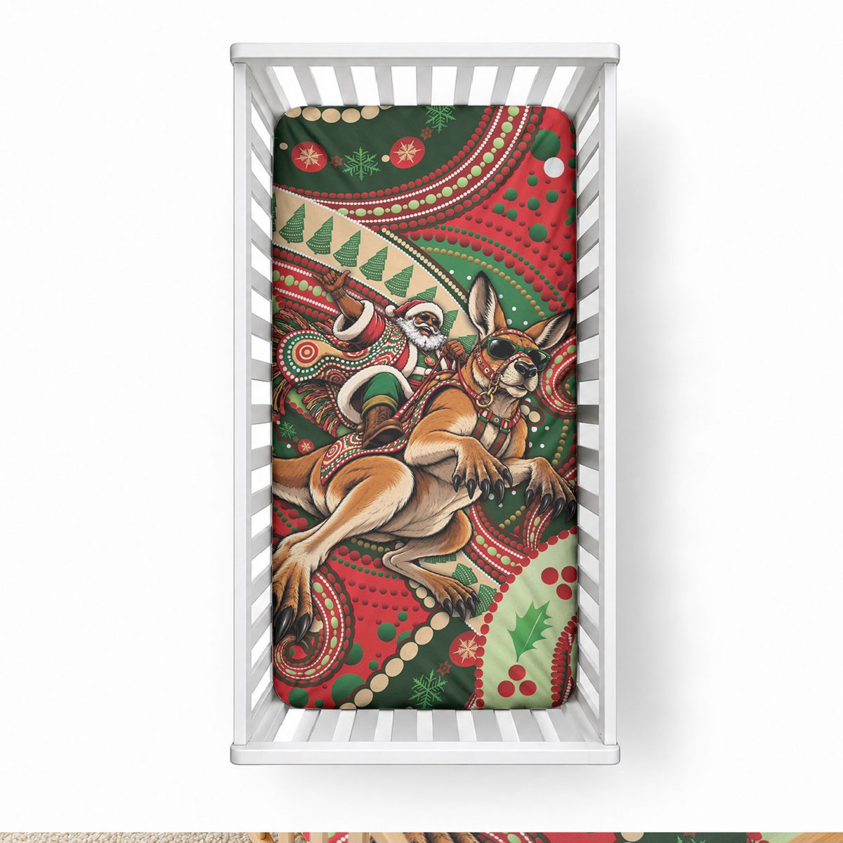 Aboriginal Christmas Baby Bed Cover Santa Riding Leaping Kangaroo Dot Pattern