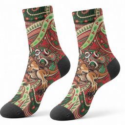 Aboriginal Christmas Crew Socks Santa Riding Leaping Kangaroo Dot Pattern
