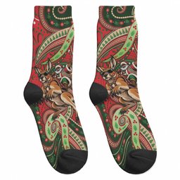 Aboriginal Christmas Crew Socks Santa Riding Leaping Kangaroo Dot Pattern