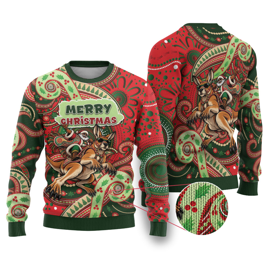 Aboriginal Christmas Ugly Christmas Sweater Santa Riding Leaping Kangaroo Dot Pattern