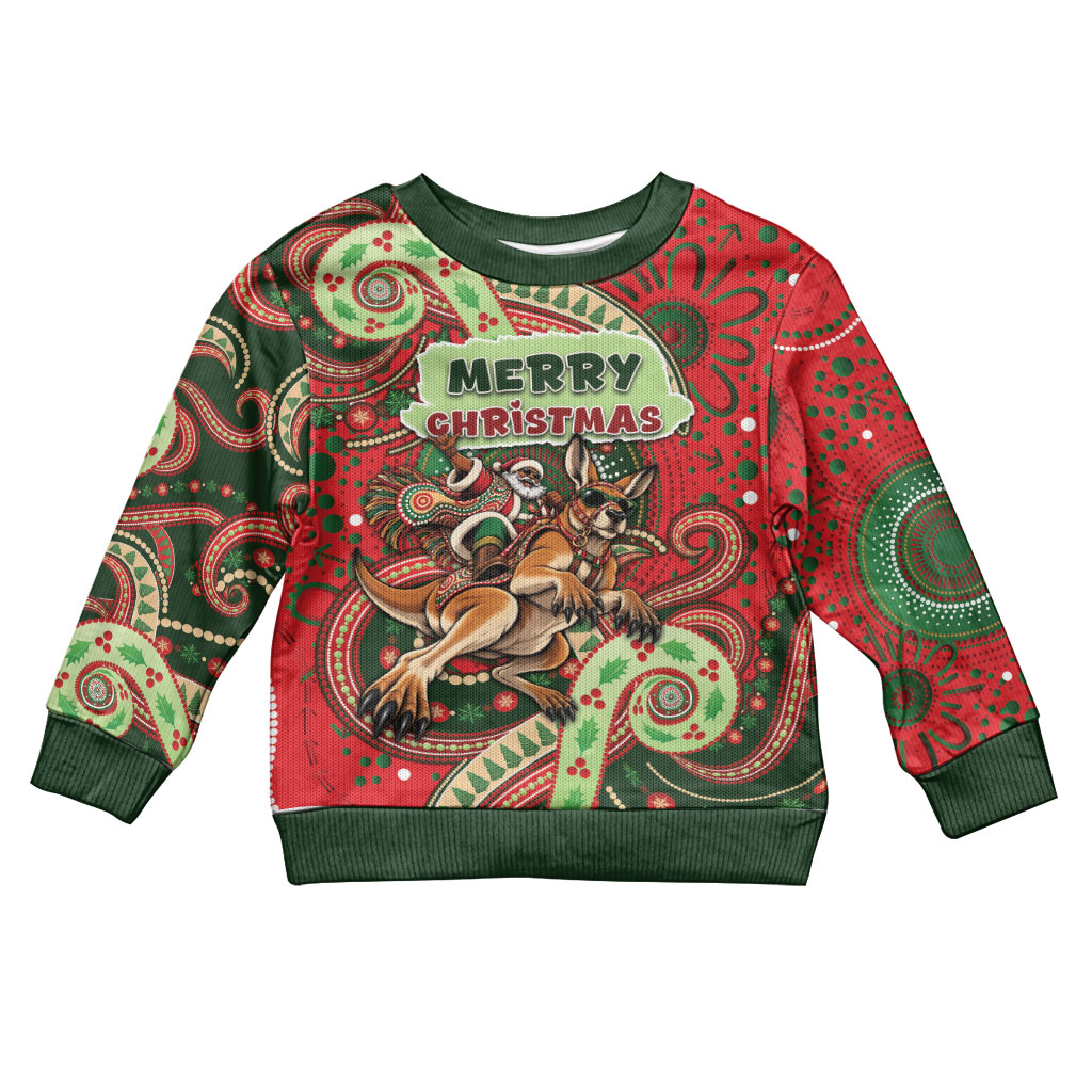 Aboriginal Christmas Kid Ugly Christmas Sweater Santa Riding Leaping Kangaroo Dot Pattern