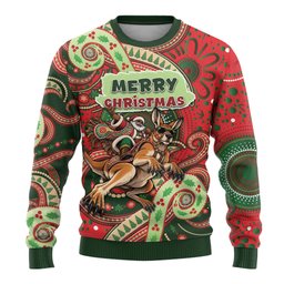 Aboriginal Christmas Ugly Christmas Sweater Santa Riding Leaping Kangaroo Dot Pattern