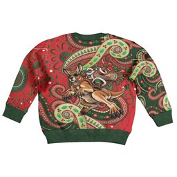 Aboriginal Christmas Kid Ugly Christmas Sweater Santa Riding Leaping Kangaroo Dot Pattern