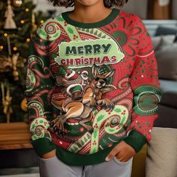 Aboriginal Christmas Kid Ugly Christmas Sweater Santa Riding Leaping Kangaroo Dot Pattern