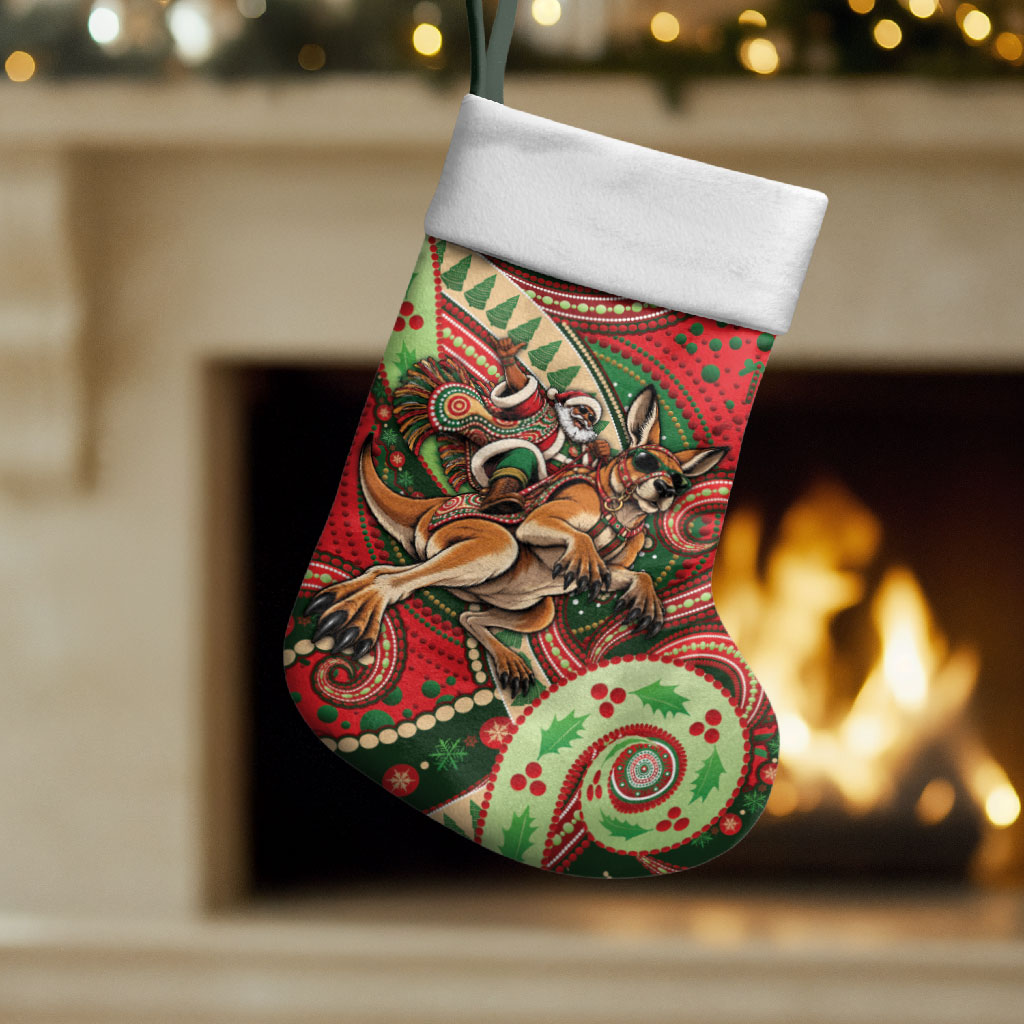 Aboriginal Christmas Stocking Santa Riding Leaping Kangaroo Dot Pattern
