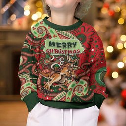 Aboriginal Christmas Kid Ugly Christmas Sweater Santa Riding Leaping Kangaroo Dot Pattern