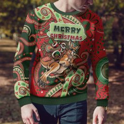 Aboriginal Christmas Ugly Christmas Sweater Santa Riding Leaping Kangaroo Dot Pattern