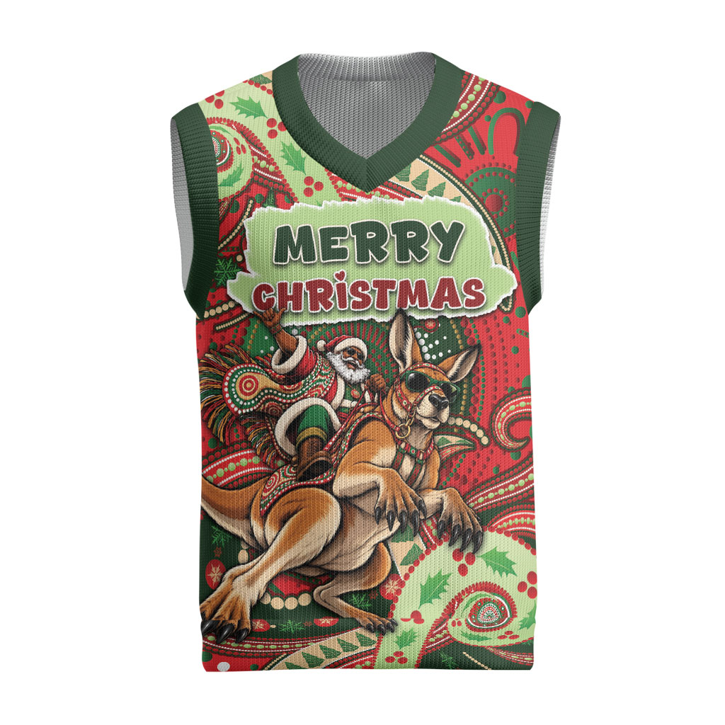 Aboriginal Christmas Knitted V-Neck Vest Santa Riding Leaping Kangaroo Dot Pattern