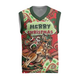 Aboriginal Christmas Knitted V-Neck Vest Santa Riding Leaping Kangaroo Dot Pattern