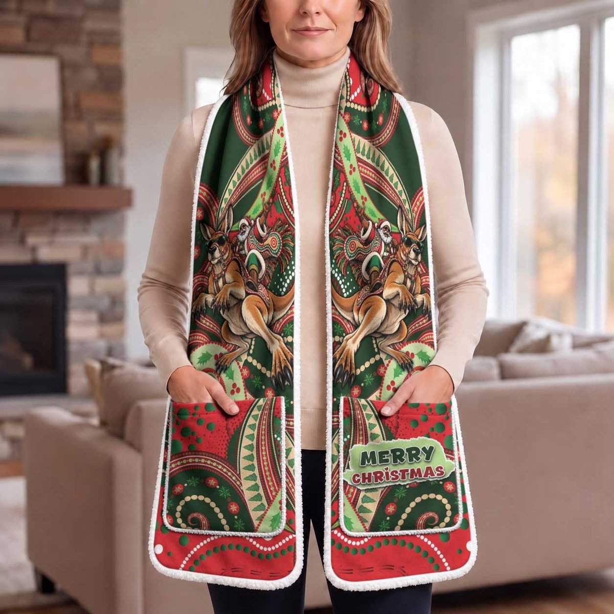 Aboriginal Christmas Pocket Scarf Santa Riding Leaping Kangaroo Dot Pattern