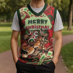 Aboriginal Christmas Knitted V-Neck Vest Santa Riding Leaping Kangaroo Dot Pattern