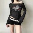 Goth Dark Punk Grunge Mesh Patchwork Holes Long Sleeve T-shirts Mall Goth Irregular Print Pullover Tops Y2K Slim Street T-shirt