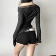 Goth Dark Punk Grunge Mesh Patchwork Holes Long Sleeve T-shirts Mall Goth Irregular Print Pullover Tops Y2K Slim Street T-shirt