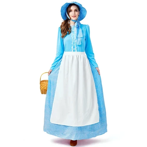 Halloween Carnival Party France Rural Farm Sissy Maid Blue Cosplay Costume Anime Lolita Stage Long Dress for WOmen