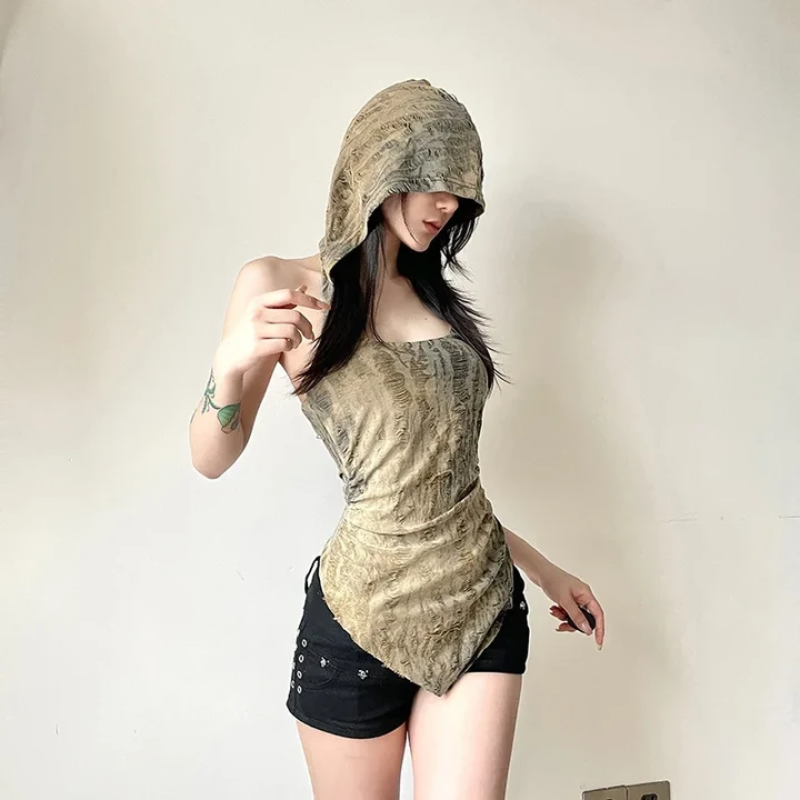 Goth Dark Fairy Grunge Sleeveless Holes Tank Top Hot Sexy Backless Irregular Hem Hoodies Tops Cyber Y2K Streetwear E-girl Vests