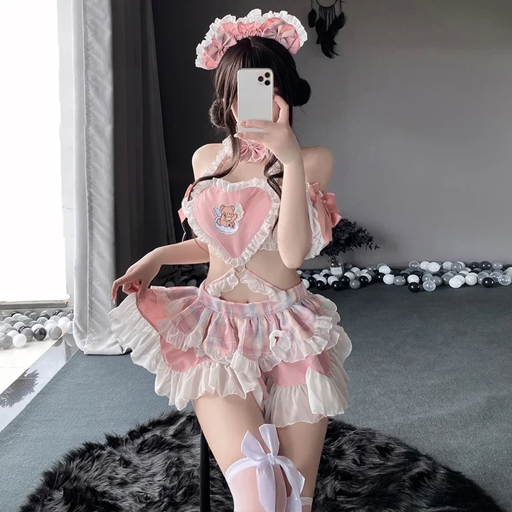 Women Cake Maid Uniform Lolita Girl Anime Love Apron Outfit Costumes Cosplay