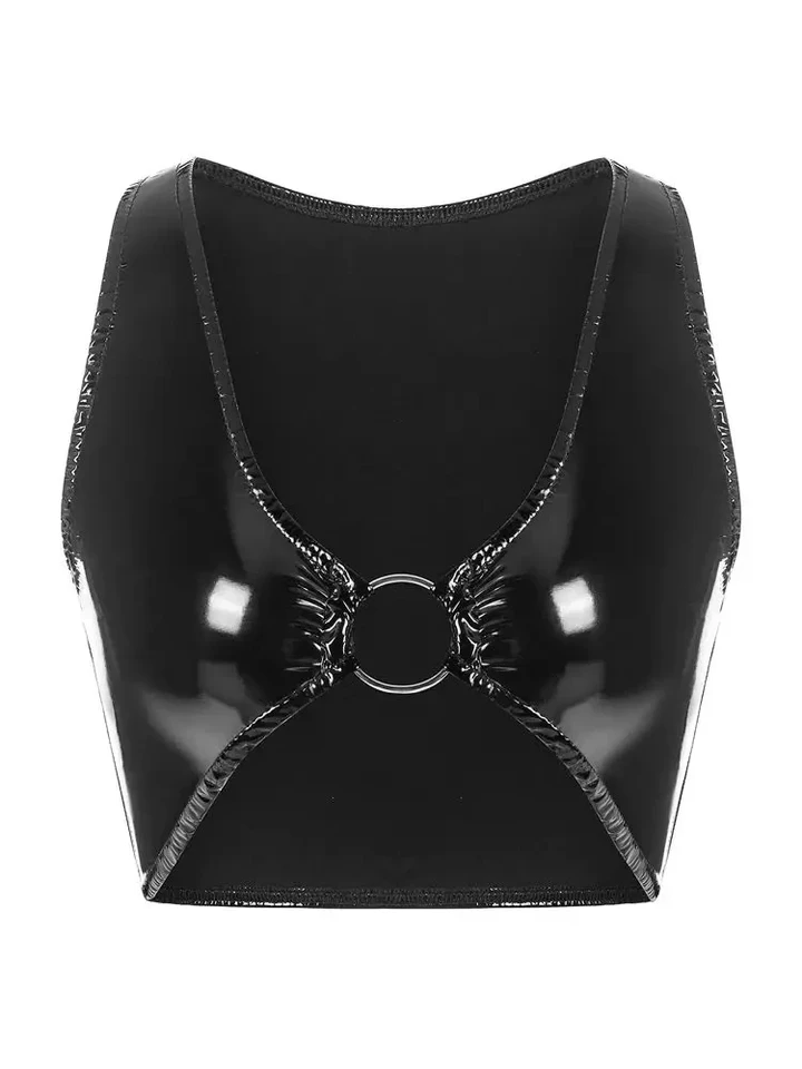 Wet Look PVC Tank Top Shiny PU Leather Bustier Crop Tops Tight Sexy Metal Ring Vest Sleeveless Shirt Croptop Cropped Camis