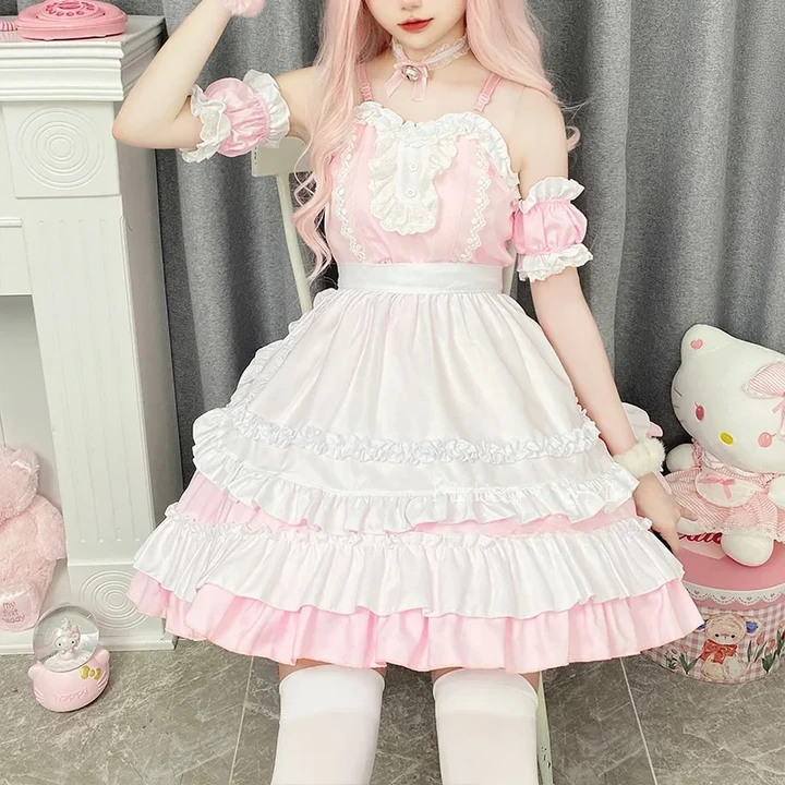Japanese Sweet Lolita Dress Anime Cat Girl Plus Size Maid Halloween Cosplay Costume Pink Ruffles Kawaii Princess Party Dresses