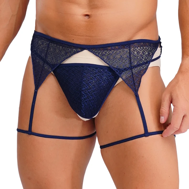 2Pcs Gay Men Sexy Lace G-string Thong with Garter Belt Lingerie Sissy Fun Underwear Rave Party Night Club Performane Wear