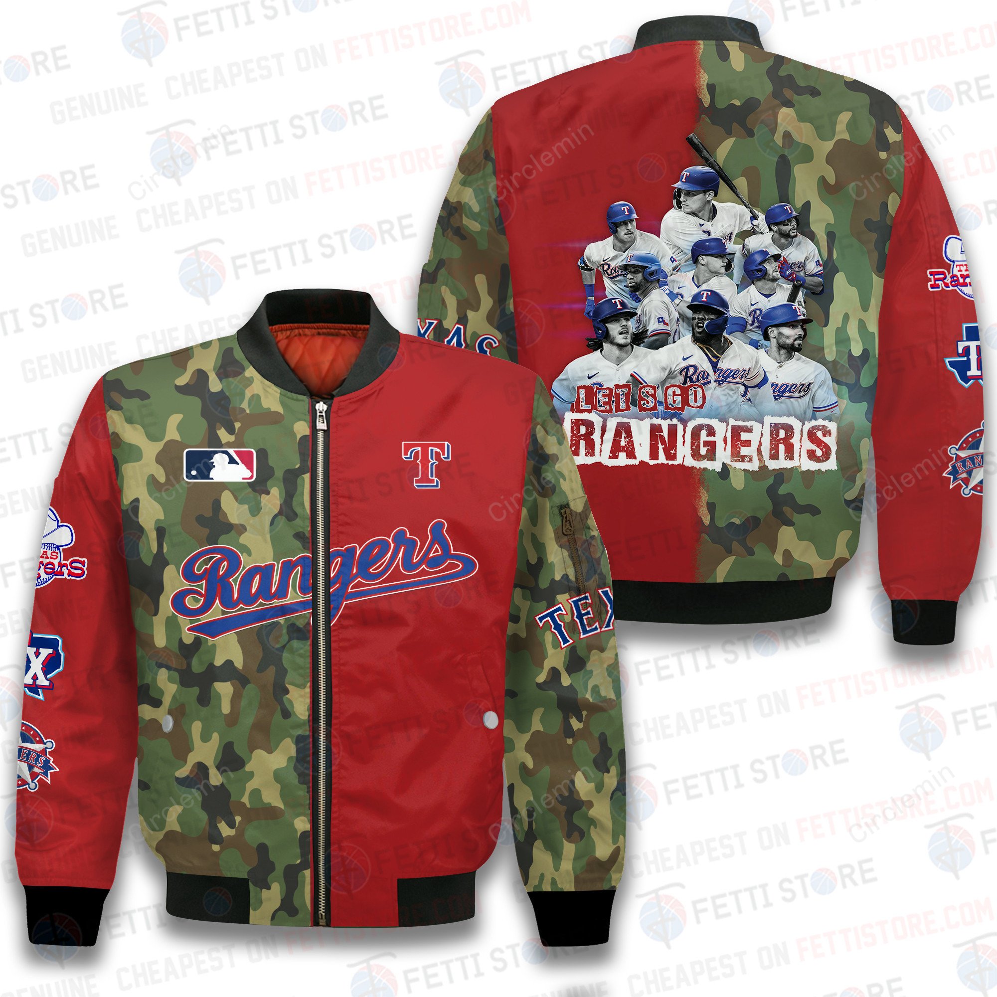 Texas Rangers Pattern Material Texas Rangers MLB Camo Pattern AOP Bomber Jacket STM - Circlemin