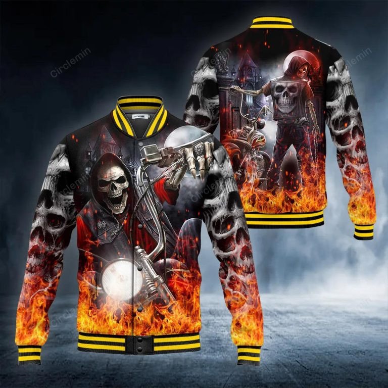 Skeleton Racer Fire Skull Baseball Jacket - Circlemin