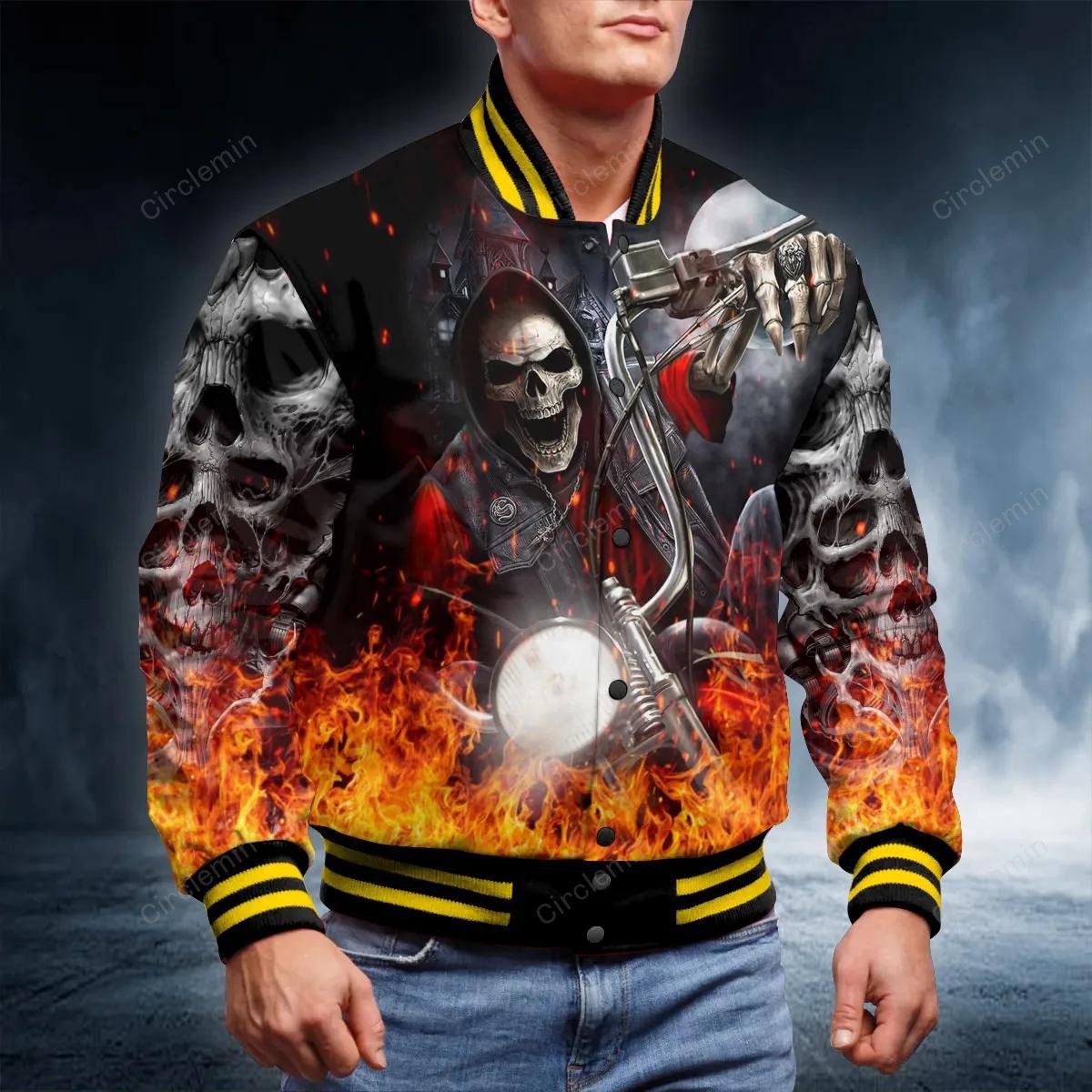 Skeleton Racer Fire Skull Baseball Jacket - Circlemin