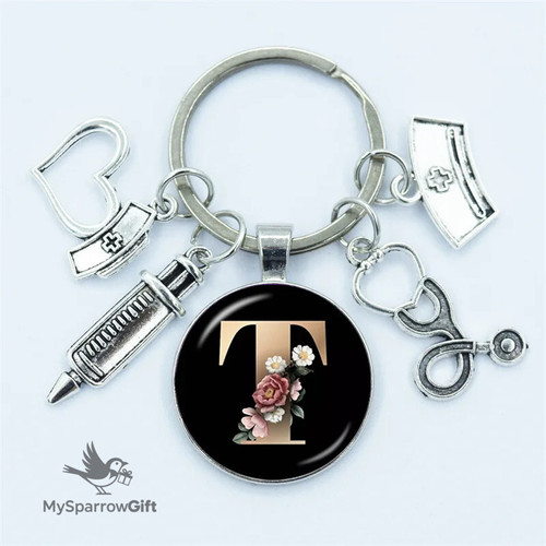 26 Letters, Trending Design Glass Keychain Doctor Medical Tool Stethoscope Syringe Face Mask Key Ring Nurse Medical Gift Keyring Gift