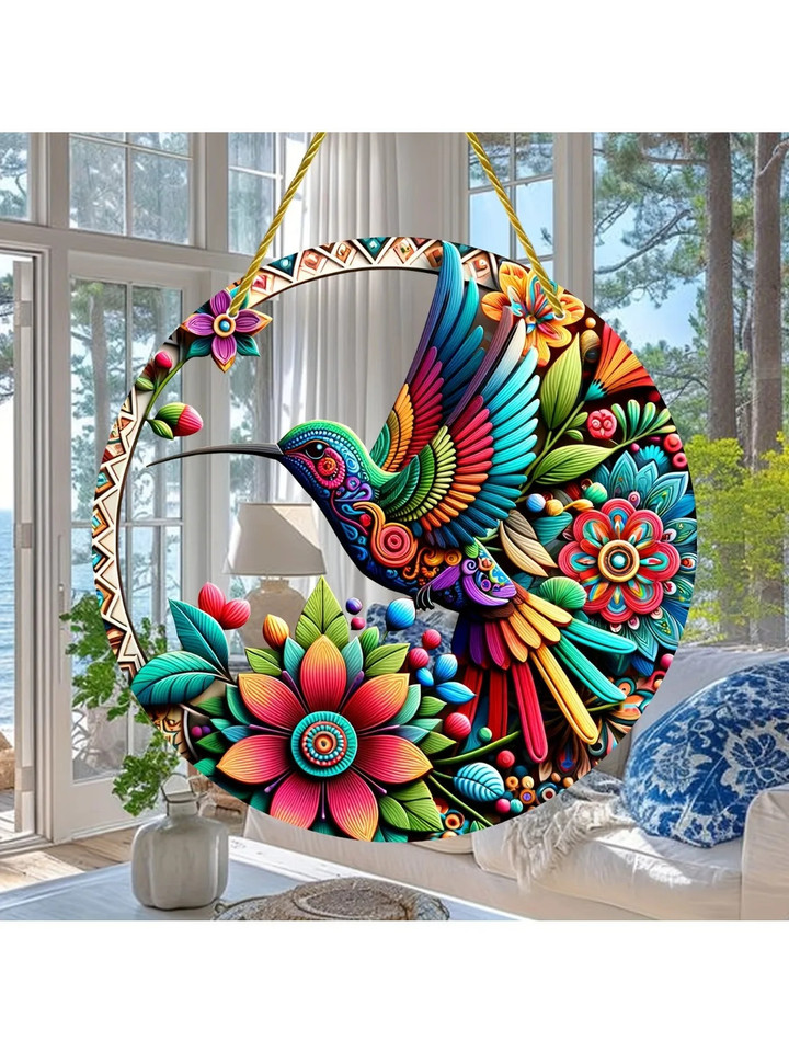 Bohemian Hummingbird Stained Glass-Style Acrylic Window Hanging-Colorful Sun