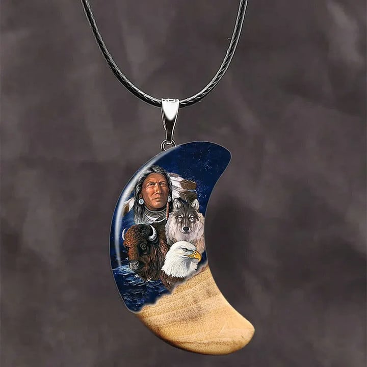 Wolf & Eagle Moon Native Pendant Necklace – Colorful Animal Jewelry Gift