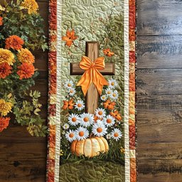Cross and Leaves Quilted Table Runner NCU0NT9324