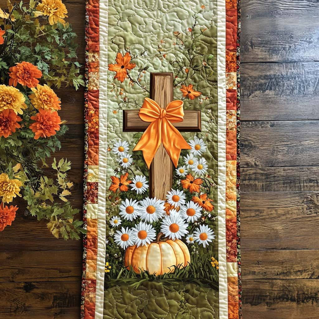 Cross and Leaves Quilted Table Runner NCU0NT9324