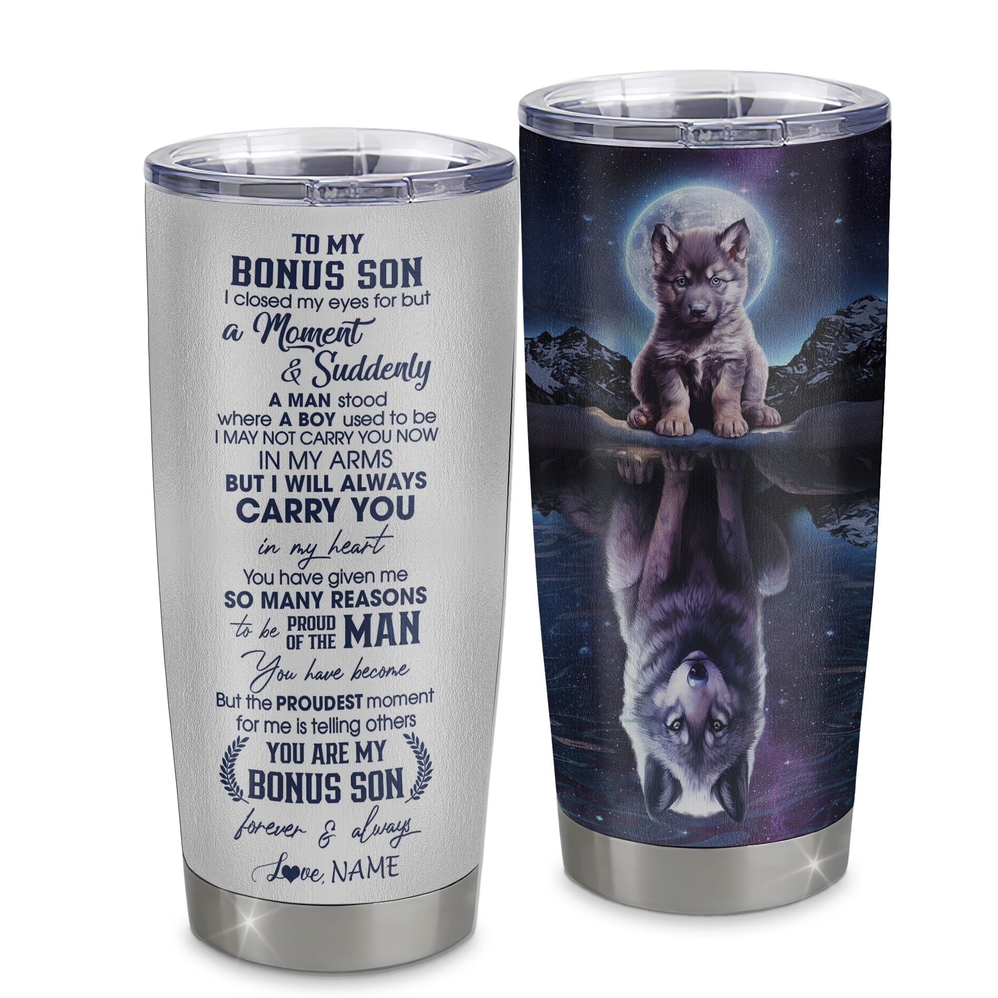 Personalized To My Bonus Son Tumbler From Stepmom Stepdad Stainless Steel Cup I Close My Eyes Wolf Stepson Birthday Gifts Graduation Gift
