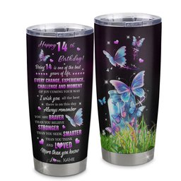 Personalized Happy 14th Birthday Decorations Tumbler Stainless Steel Cup Butterfly Gifts For Girls Teen Birthday 14 Year Old Gift
