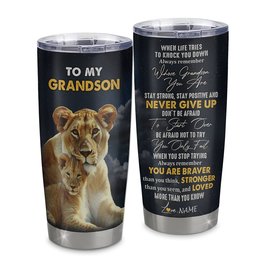 Personalized To My Grandson Tumbler From Grandma Grandmother Stainless Steel Cup Lion Never Give Up Grandson Birthday Graduation Gift