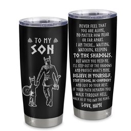 Personalized To My Son Tumbler Viking Stainless Steel Cup Never Feel You Are Alone Scandinavian Runes Viking Son Birthday Gift