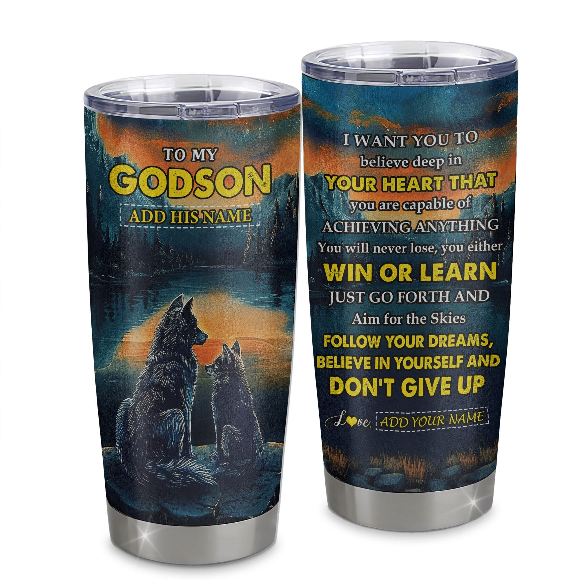 Personalized To My Godson Gifts From Godmother Uncle Tumbler Don't Give Up Wolf Gifts For Godson Birthday Graduation Gift
